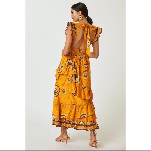 Anthropologie Gigi Gold Ruffled Boho Maxi Dress - Size M - Picture 13 of 13
